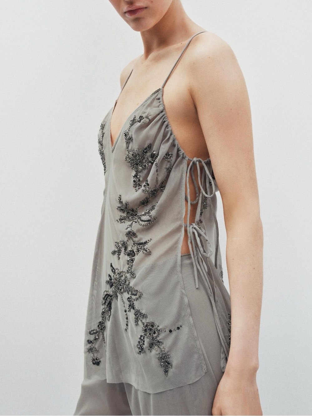 Zara Embellished Sequin Embroidered Slip Top with Side Tie- light Grey